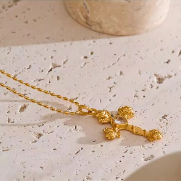 New Free People Gold Roses Cross Necklace with Heart Accent - Picture 7 of 11
